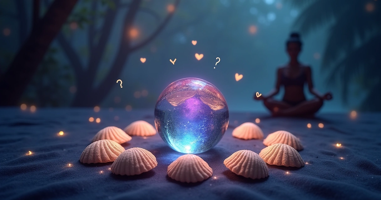 Representação mística de Búzios com luz suave, refletindo autoconhecimento e introspecção.