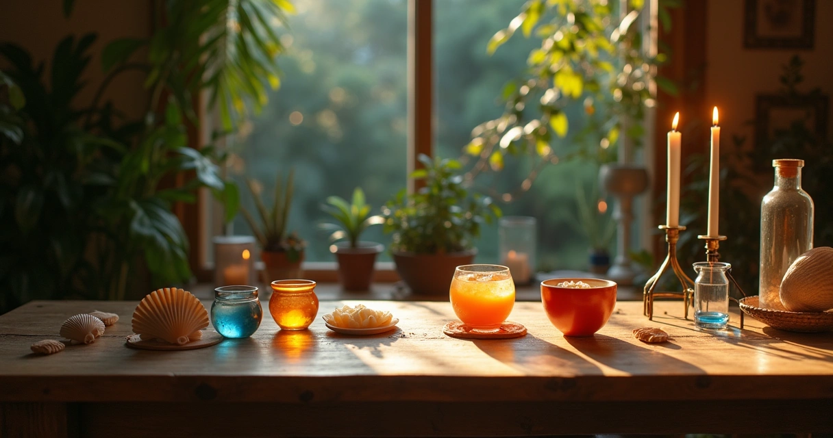 Conjunto de búzios coloridos em uma mesa de madeira, simbolizando autoconhecimento e reflexão.