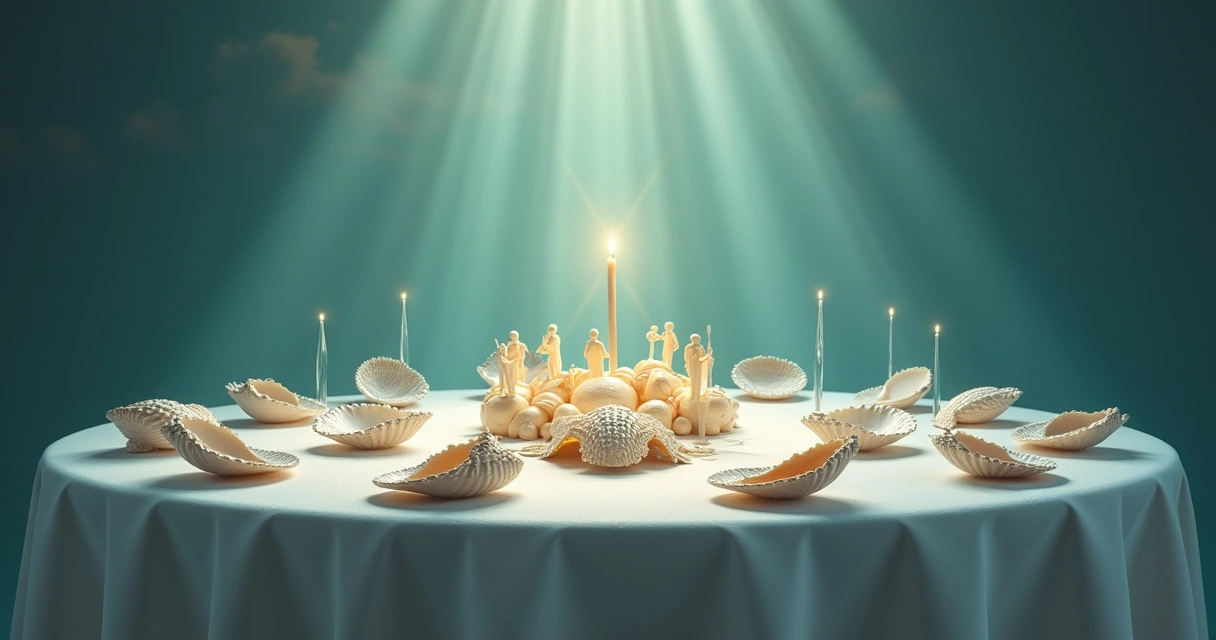 Conchas de búzios dispostas em uma mesa decorada, com luz suave e atmosfera espiritual, simbolizando conexão e autoconhecimento.