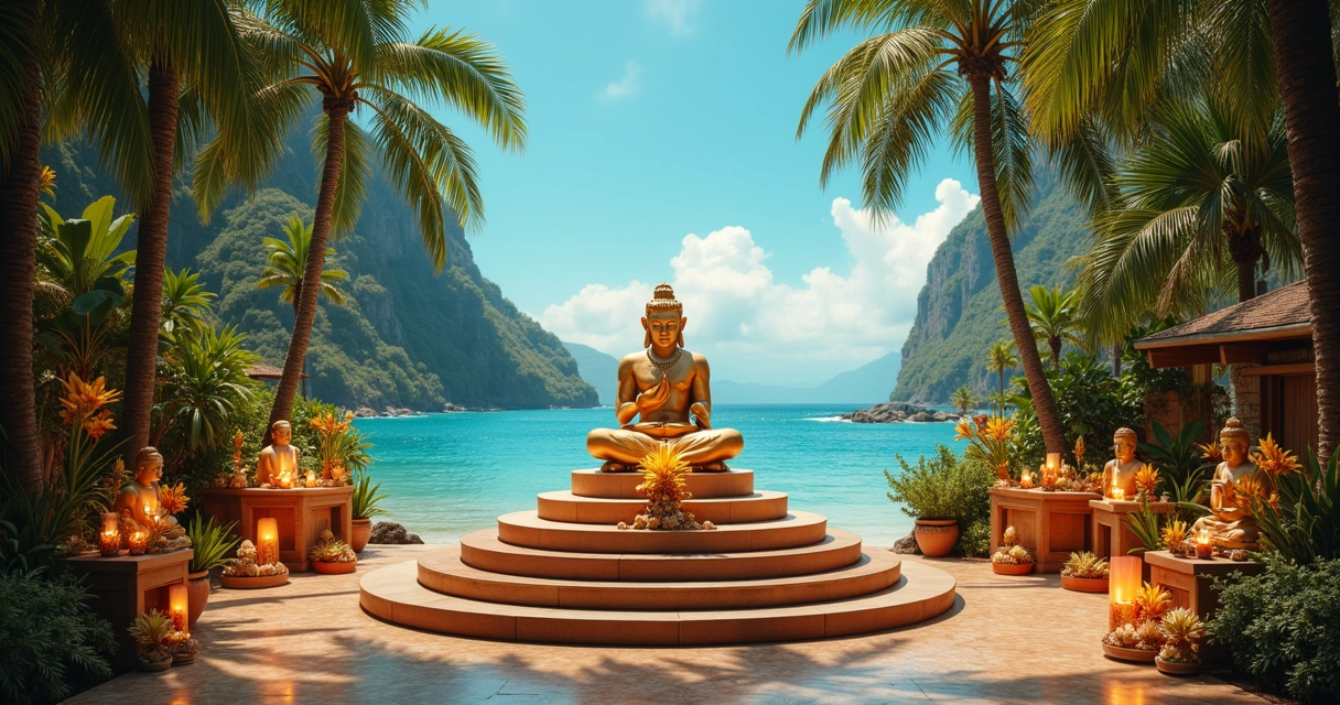 Concha de búzios em pedestal com cena tropical, figuras representando comunicação espiritual e flores