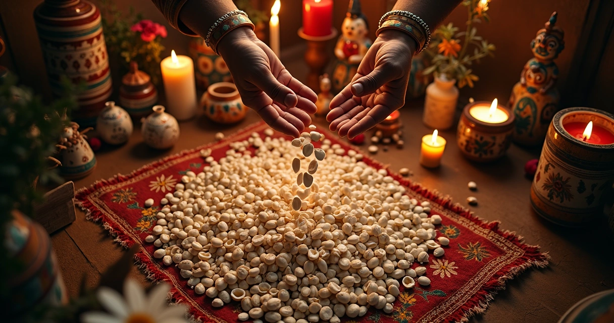 Mãos lançando búzios em altar decorado com velas e flores 