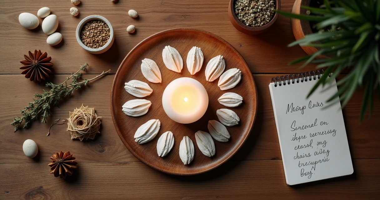 Búzios dispostos em círculo sobre uma mesa de madeira com vela acesa ao centro 