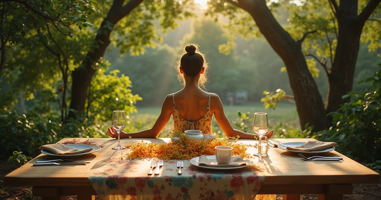 Uma mesa de madeira com búzios em um ambiente natural sereno e uma pessoa meditando ao fundo.