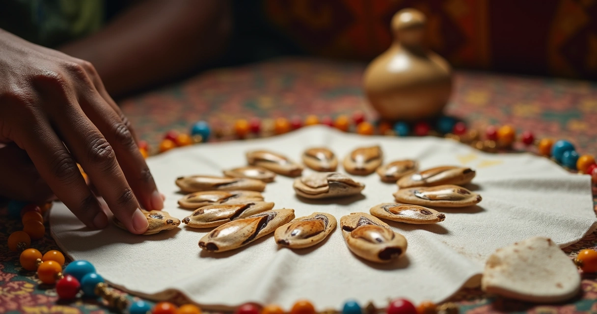 Detalhe de um jogo de búzios tradicional sobre uma mesa de pano branco 