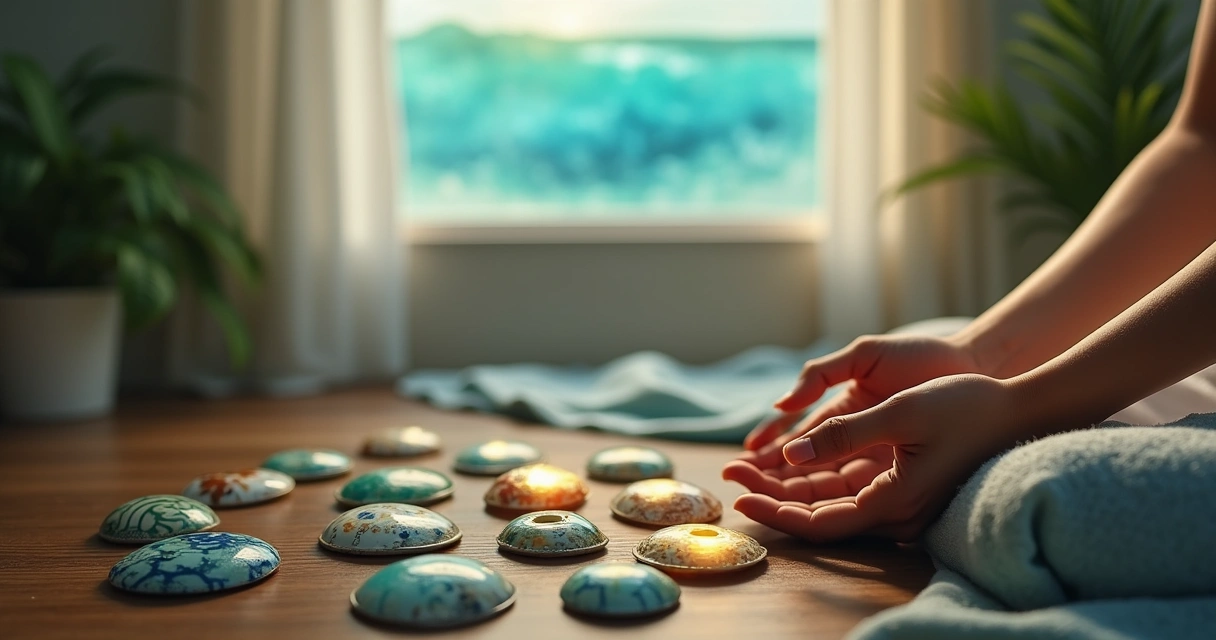 Vários búzios coloridos sobre uma mesa de madeira, criando uma atmosfera meditativa e tranquila.