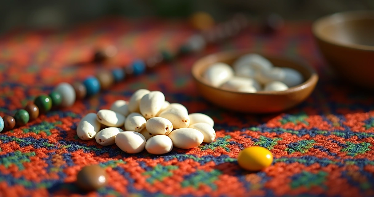 Búzios e objetos de ritual afro-brasileiro em esteira colorida 