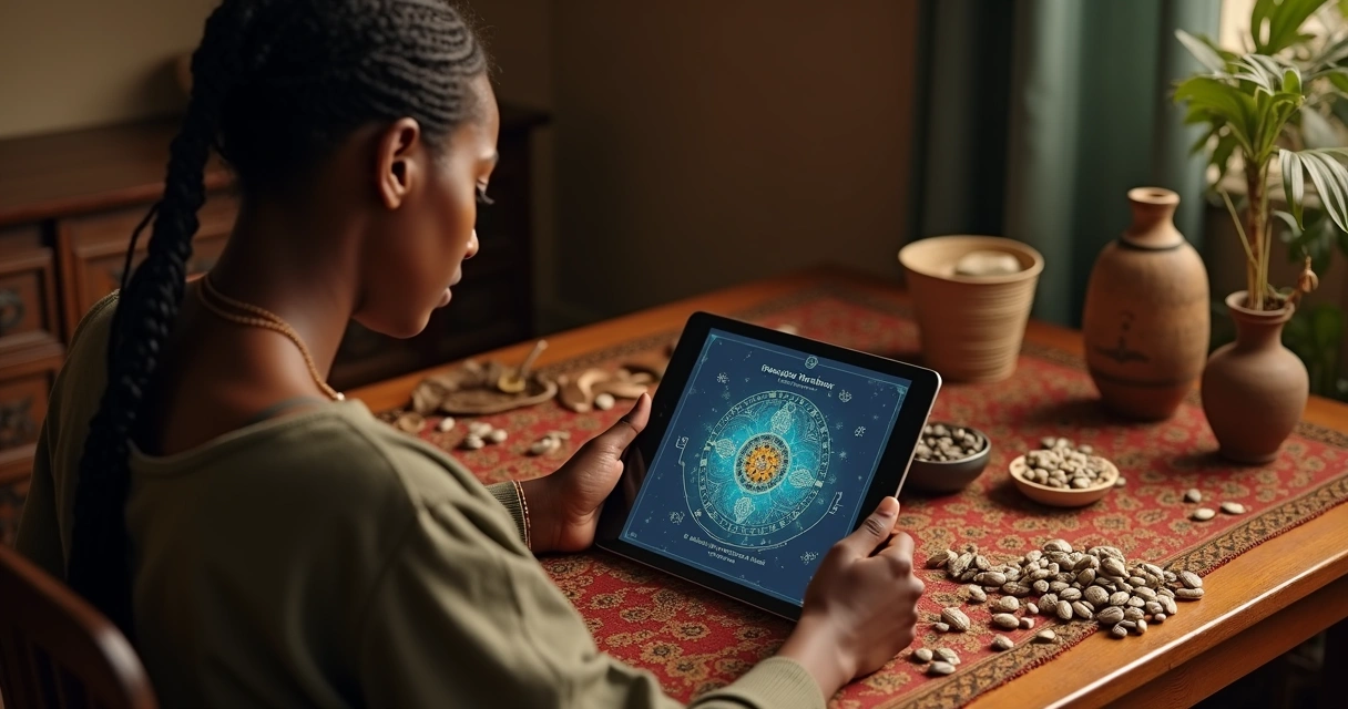 Pessoa consultando búzios através de notebook, conectando tradição e tecnologia 