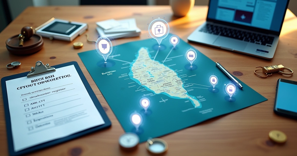 Bird’s-eye view of a BVI compliance roadmap with documents, a map and digital security icons 