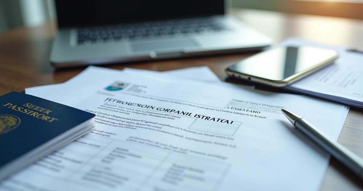 Business registration documents beside a passport and laptop