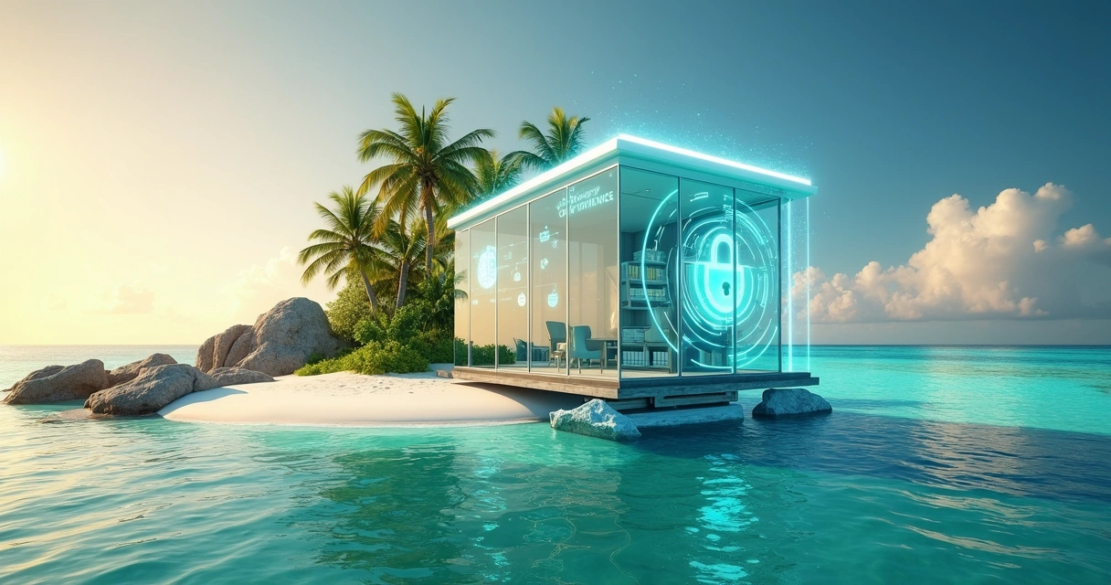 Modern glass office cube on Caribbean island with digital security overlay 