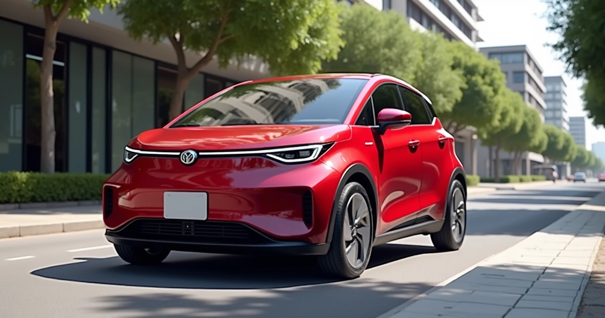 BYD Dolphin Mini vermelho estacionado em rua urbana com design moderno e faróis estreitos 