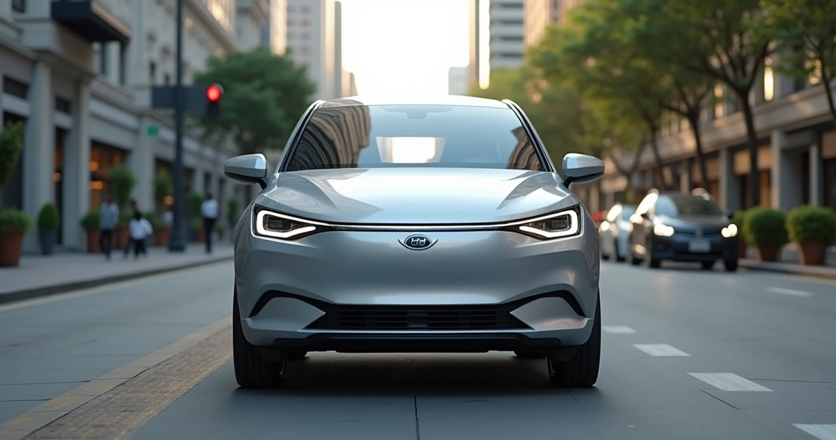 BYD Dolphin Mini visto de frente em rua de cidade brasileira. 