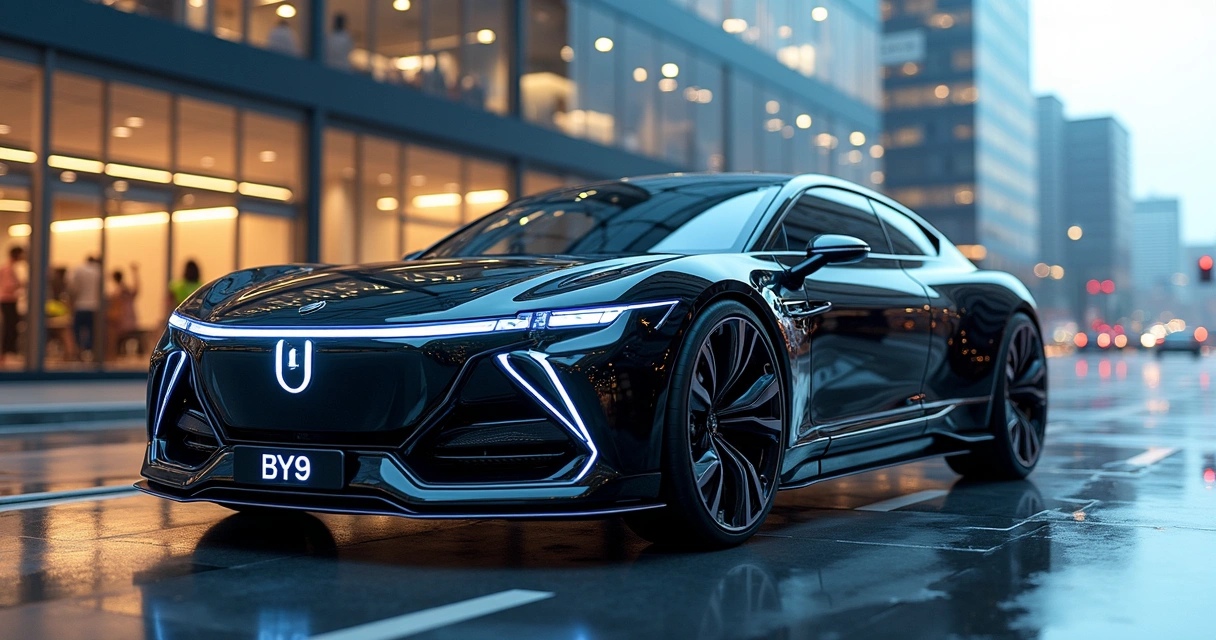 BYD U9 elétrico com quatro motores visíveis em cenário urbano futurista, carro prateado, suspensão DiSus-X destacada em detalhes técnicos 