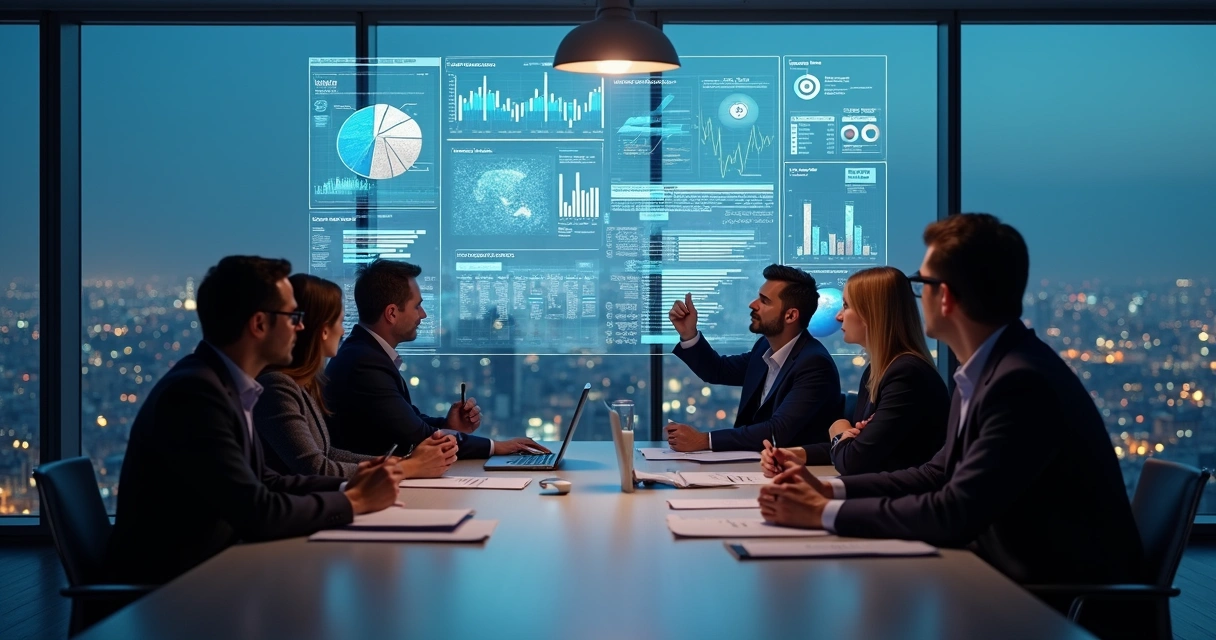Executives having a strategy discussion with digital dashboards 
