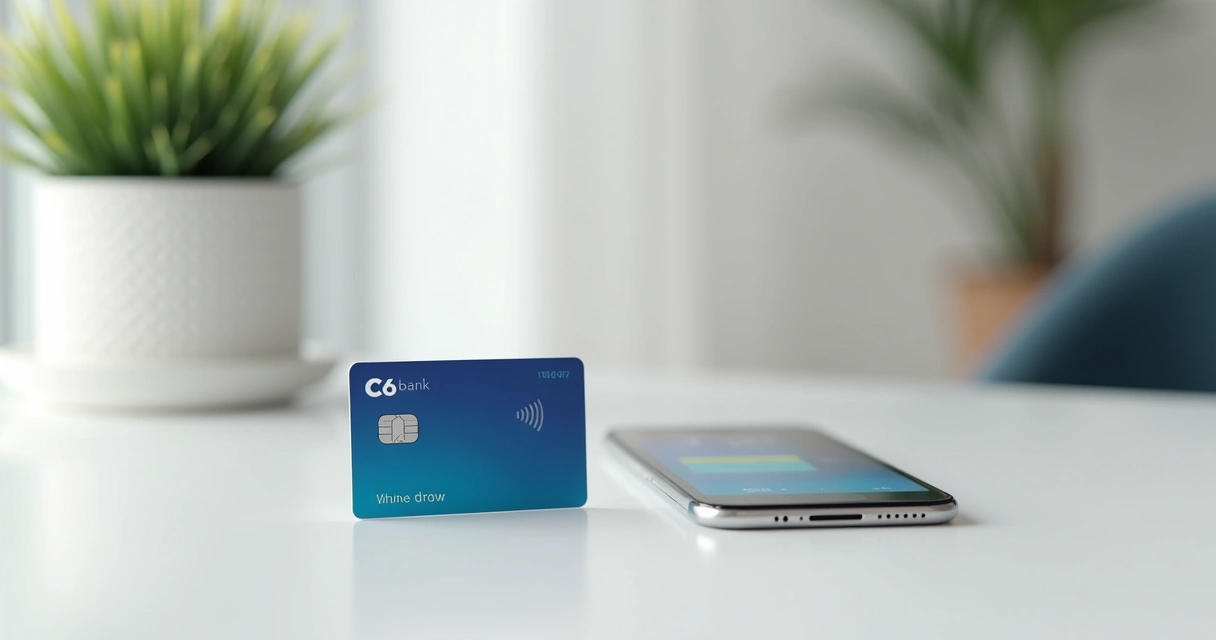 Cartão C6 Bank ao lado de celular aberto no aplicativo do banco 