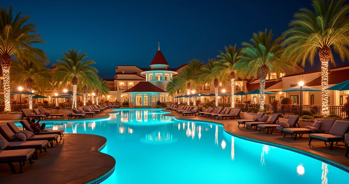 Piscina do Cabana Bay à noite, com iluminação e hóspedes relaxando 