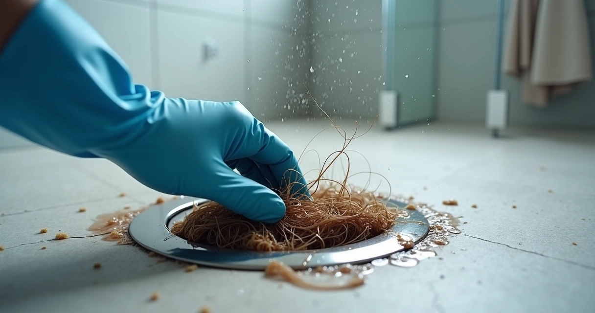 Mão com luva a retirar cabelo acumulado do ralo do duche 