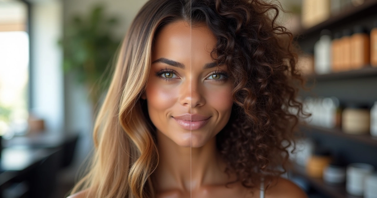 Comparação entre cabelo liso e cabelo cacheado após tratamento 