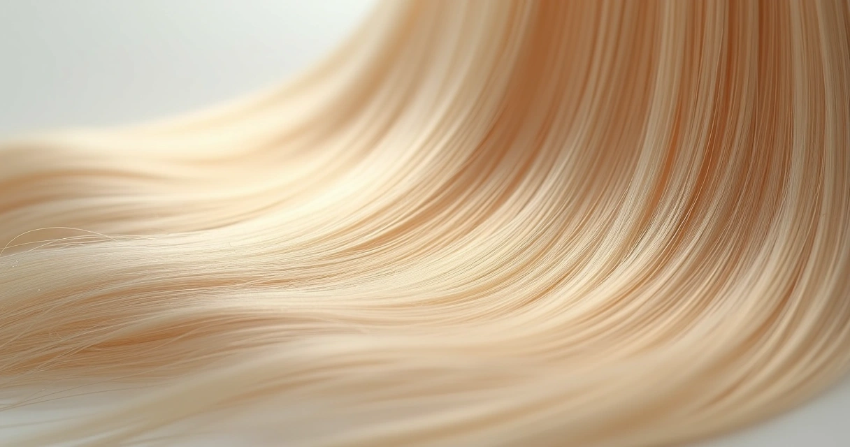 Cabelo loiro saudável após descoloração, close em fios brilhantes e macios 