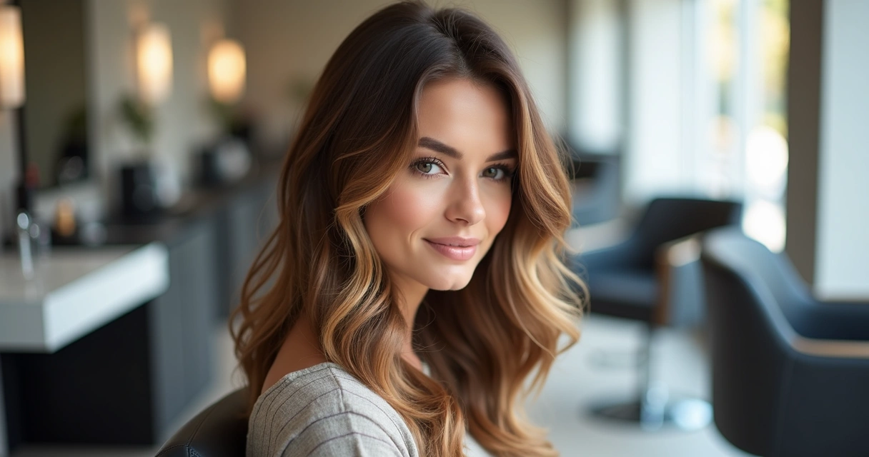 Cabelo castanho médio com mechas claras realçando o corte repicado 