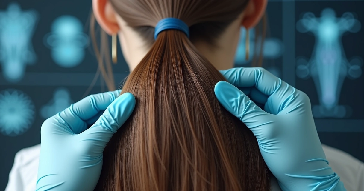 Cabelo feminino visto de perto com fios sendo analisados por mãos usando luvas