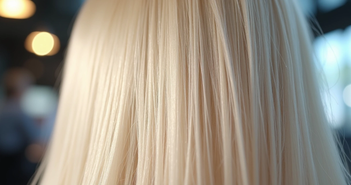 Close do cabelo loiro platinado brilhando em ambiente de salão 
