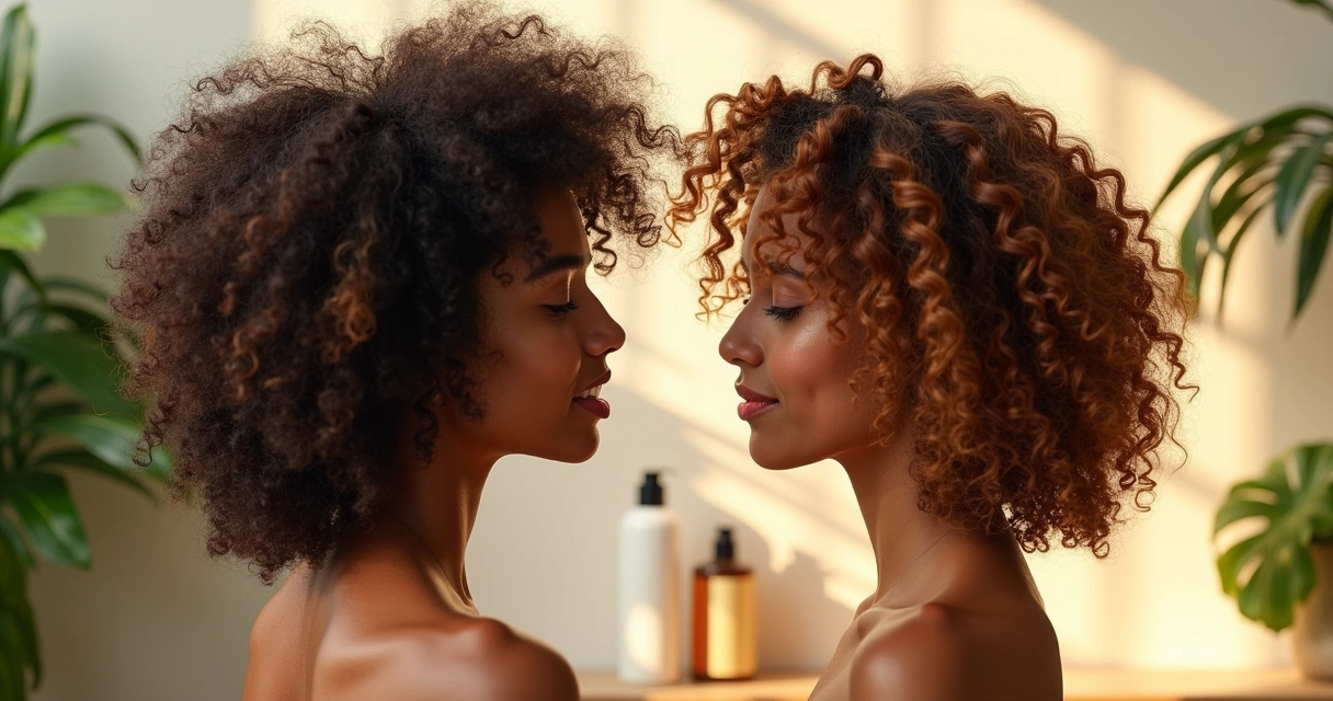 Comparação antes e depois do uso de shampoo natural em cabelos cacheados mostrando hidratação e brilho 