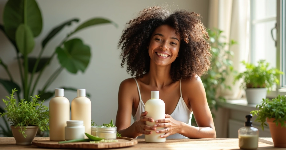 Mulher com cabelos cacheados usando produtos veganos para cuidados capilares naturais sobre mesa com plantas e frascos sustentáveis 