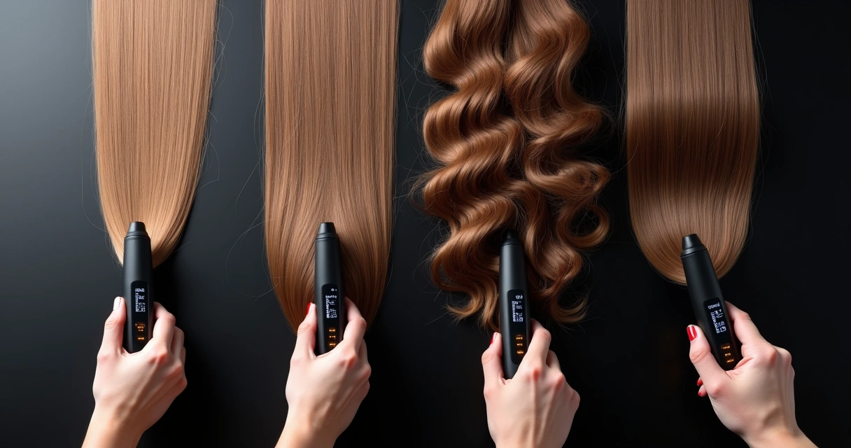 Quatro seções de cabelo de diferentes texturas sendo alisadas com chapinhas modernas 