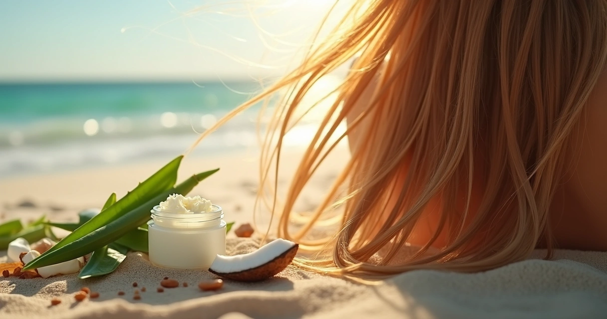 Cabelos longos e hidratados expostos ao sol com máscara natural ao lado 