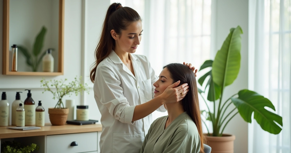 Profissional aplicando técnica de alisamento orgânico em cabelo feminino 