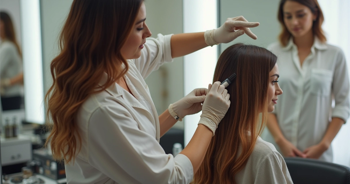 Profissional aplicando progressiva sem formol em cabelo feminino em salão 