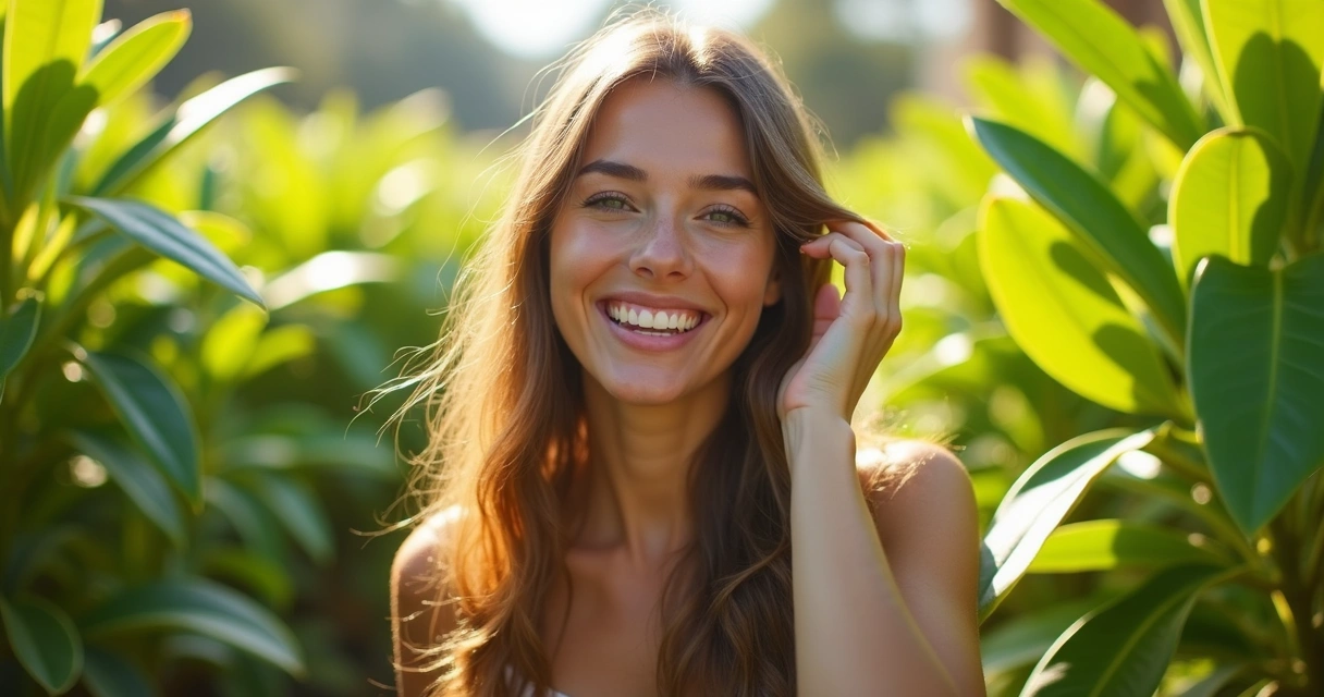 Mulher sorrindo com cabelos brilhantes ao sol