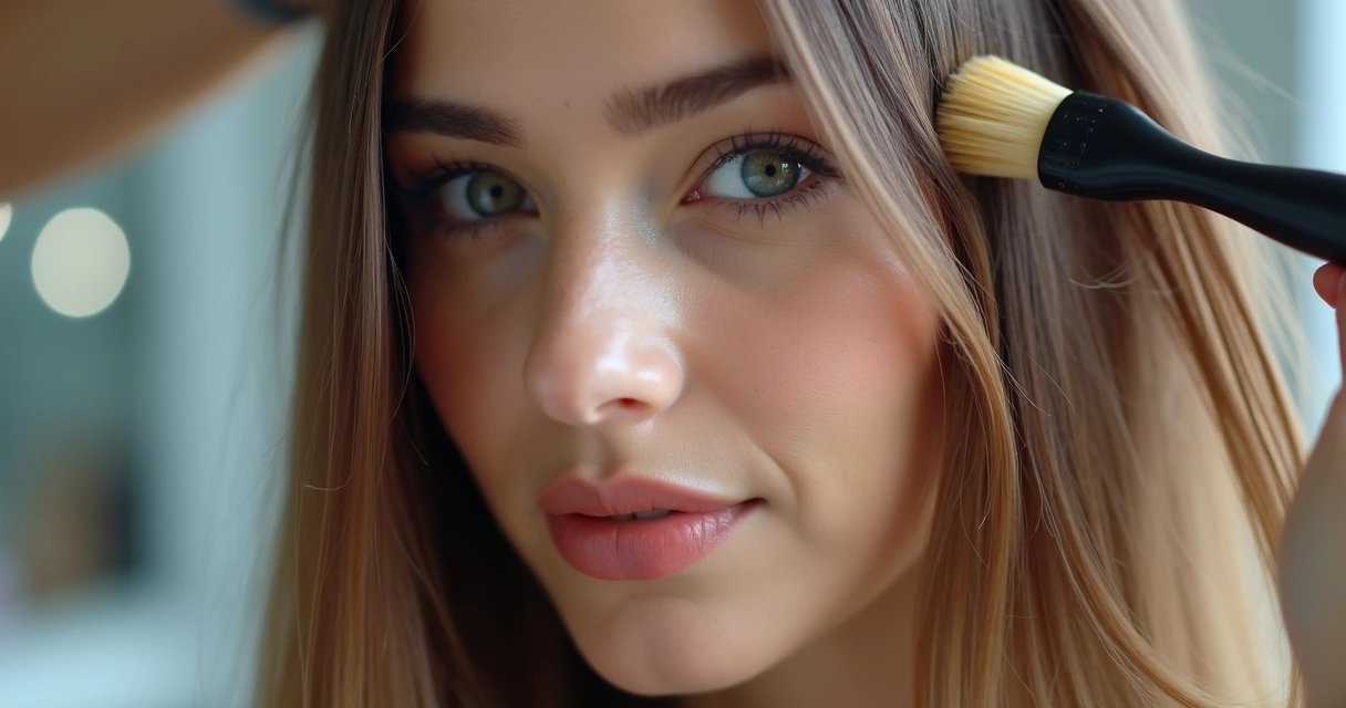 Cabeça de mulher sendo tratada em salão de beleza, fios alinhados e profissional aplicando progressiva 