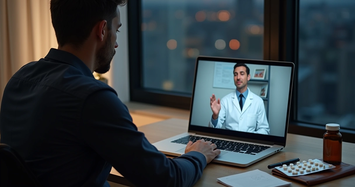 Médico explicando tratamento com cabergolina para homem de negócios em consulta online 