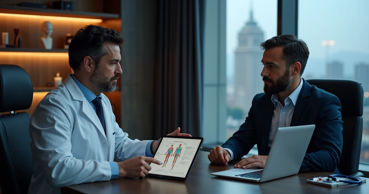 Médico explicando tratamento com cabergolina para homem em consultório moderno 