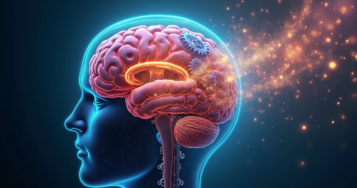 Corte transversal de una cabeza humana mostrando engranajes y diferentes áreas cerebrales 