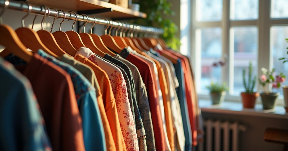 Cabideiro de roupas diversas em brechó premium, peças coloridas e bem cuidadas 