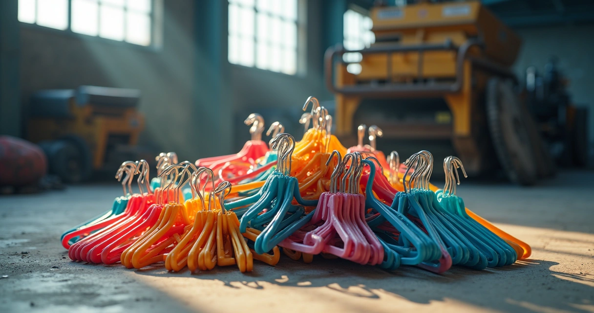 Cabides plásticos misturados e empilhados em ambiente industrial com luz natural