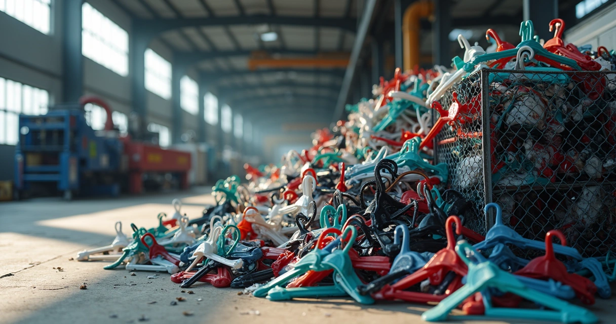 Cabides plásticos coloridos empilhados em galpão industrial de reciclagem 