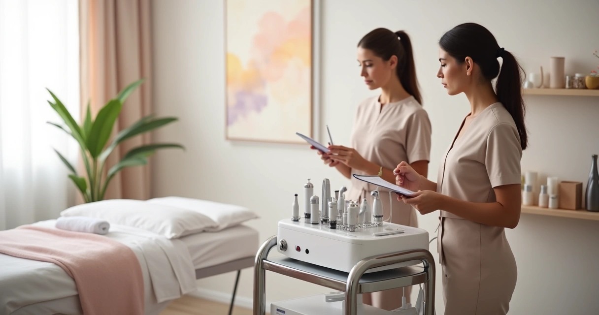 Cabina estética moderna con esteticista evaluando equipo multifunción 