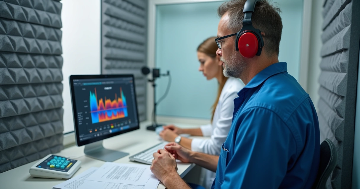 Trabalhador fazendo exame de audiometria tonal em cabine acústica profissional 
