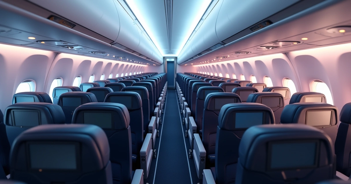 Cabine de avião mostrando fileiras das classes econômica, executiva e primeira classe 