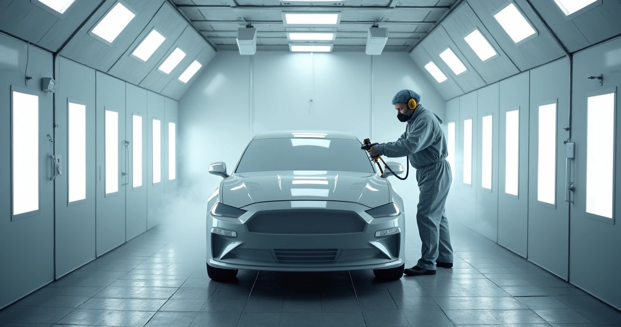Pintura automotiva sendo realizada em cabine com forno, ambiente claro e carro parcialmente mascarado. 