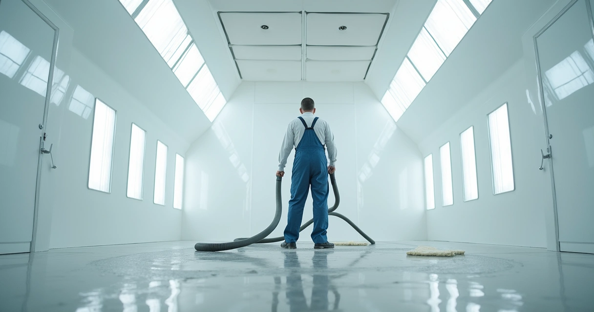 Limpeza sendo feita em uma cabine de pintura industrial 