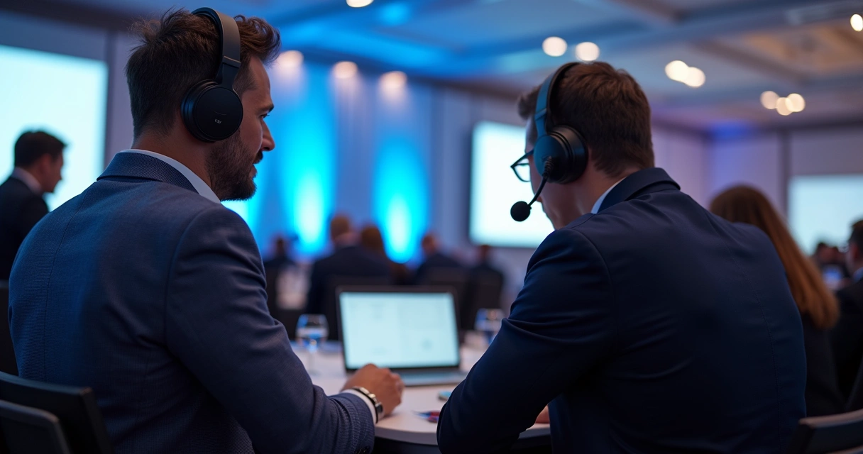 Cabine de tradução simultânea com intérprete utilizando fones de ouvido e microfone em evento corporativo 