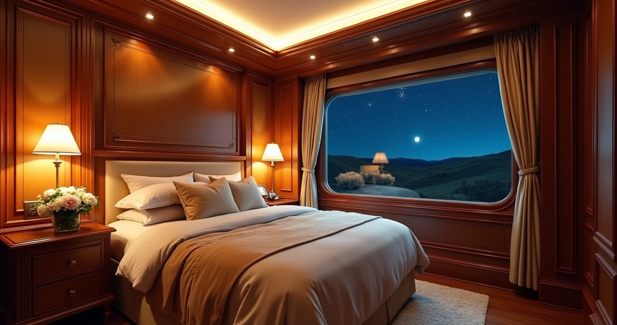 Cabine sofisticada de trem de luxo iluminada à noite 