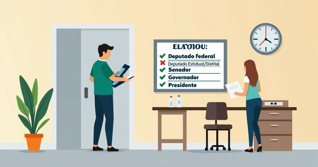 Cabine de votação com lembrete visual sobre ordem dos votos afixado na parede. 