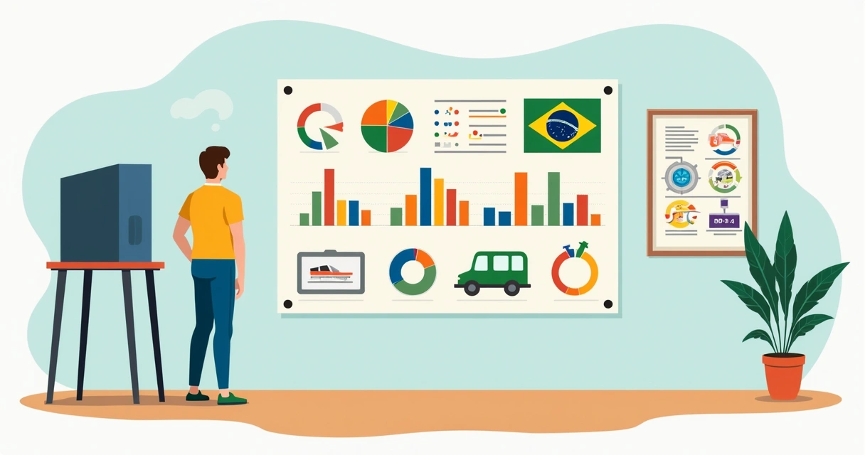 Pessoa em cabine de votação ao lado de um painel com gráficos de pesquisa eleitoral 
