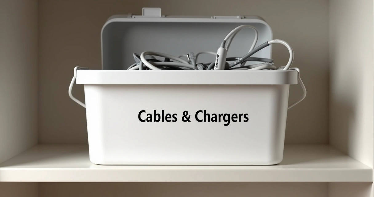 Box labeled for cable storage on a closet shelf 